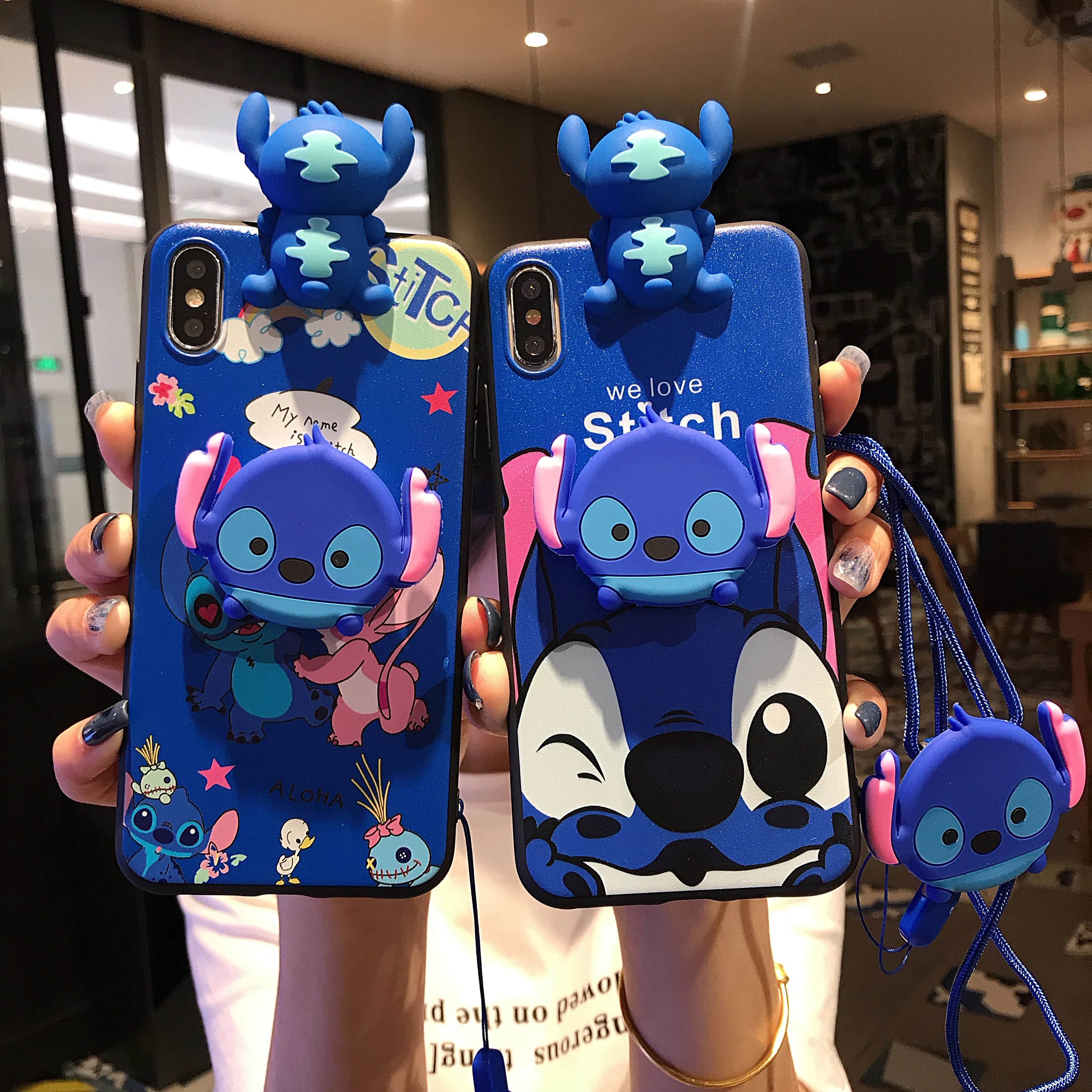 

Cartoon Stitch Folding bracket Lanyard Doll Phone case suit for iPhone 6 6s 7 8 Plus X XR XS XSMAX Soft TPU