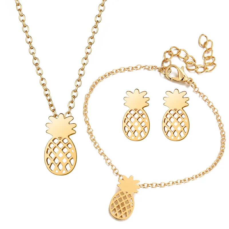 

3pc/set Elegant Pineapple Fruit Necklace Earrings Bracelet Jewelry Sets for Girls Women Metal Accessories Jewelry Set