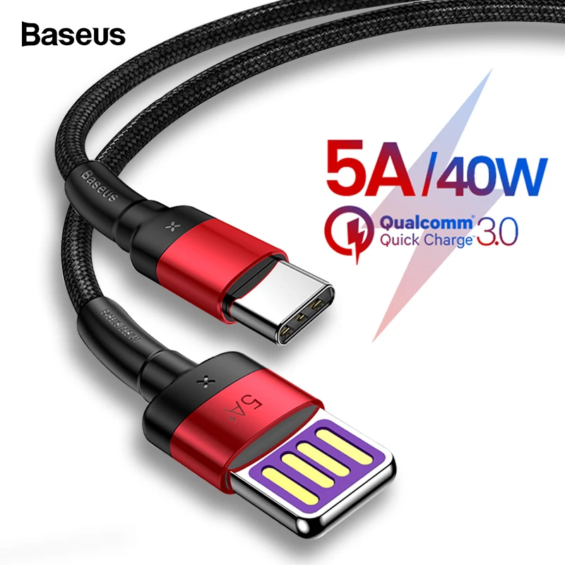 

Baseus Cafule USB C 5A Quick Charging 40W Fast Charger For Huawei P30 P20 Mate 20 For Xiaomi 9 8 Type-C Double-sided Data Cable
