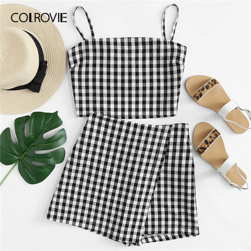 Женский комплект из двух предметов COLROVIE черно белый клетчатый топ с узлом на