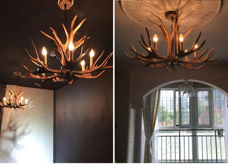 Europe E14 6 8 10 Heads American Deer Horn Antler Pendant Lamp Resin Antler Lampshade Parlor Hall Decor Suspension Luminaire C2