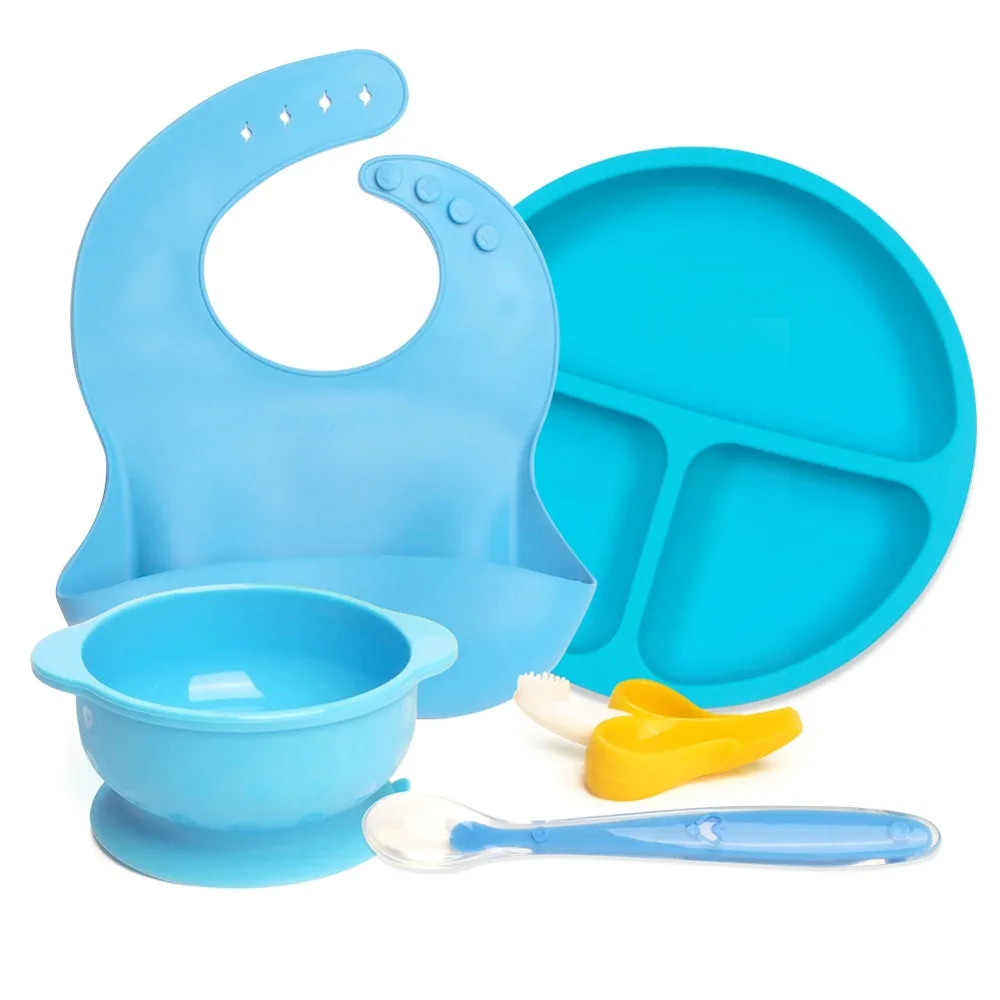 Food Grade Silicone baby feeding set bib+suction bowl+spoon+ baby