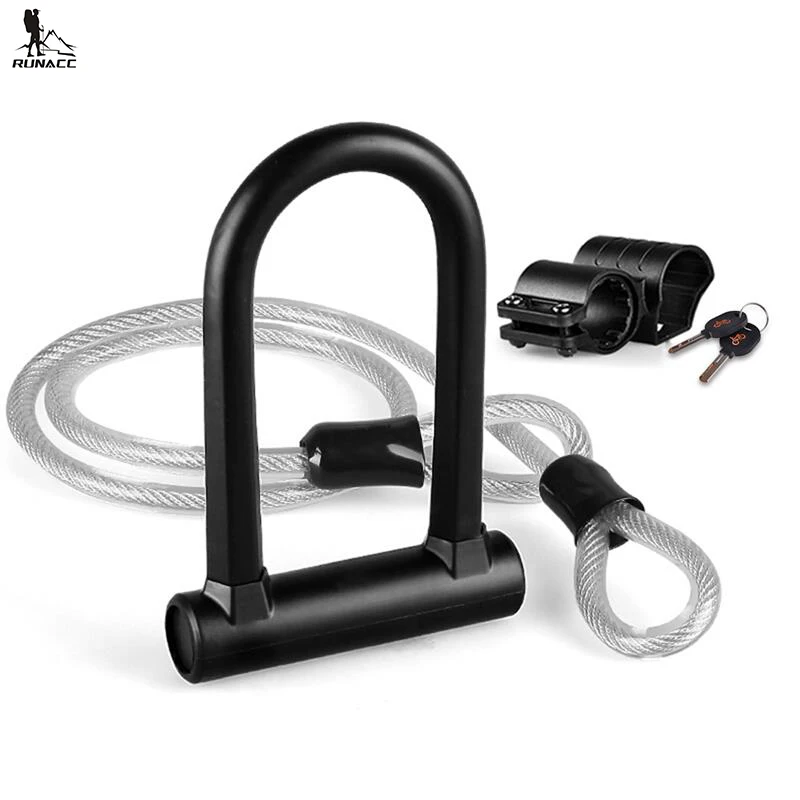 

RUNACC Heavy Duty Bike Lock Anti-theft Bicycle U Lock Sturdy Bike Lock with Mounting Bracket and Extended Wirerope Black