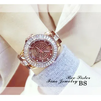 

Hot Chain Alloy Bracelet Brown Full Rhinestone Female Watch High Quality Large Dial Quartz Movement Female Watch