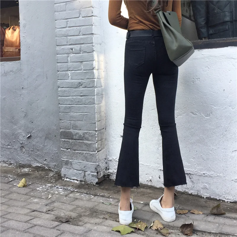 Женские джинсы, высокая талия, обтягивающие, подходят ко всему, рваные, черные, женские, s, длина по щиколотку, расклешенные джинсы, корейский стиль, простой тренд, студенческий шик