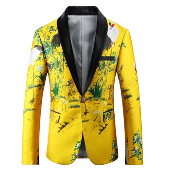 

Yellow Suit Jacket Men Print Blazer Slim Fit Floral Men Stage Clothing Blazer Pattern Stylish Party Wedding Jacket 5XL
