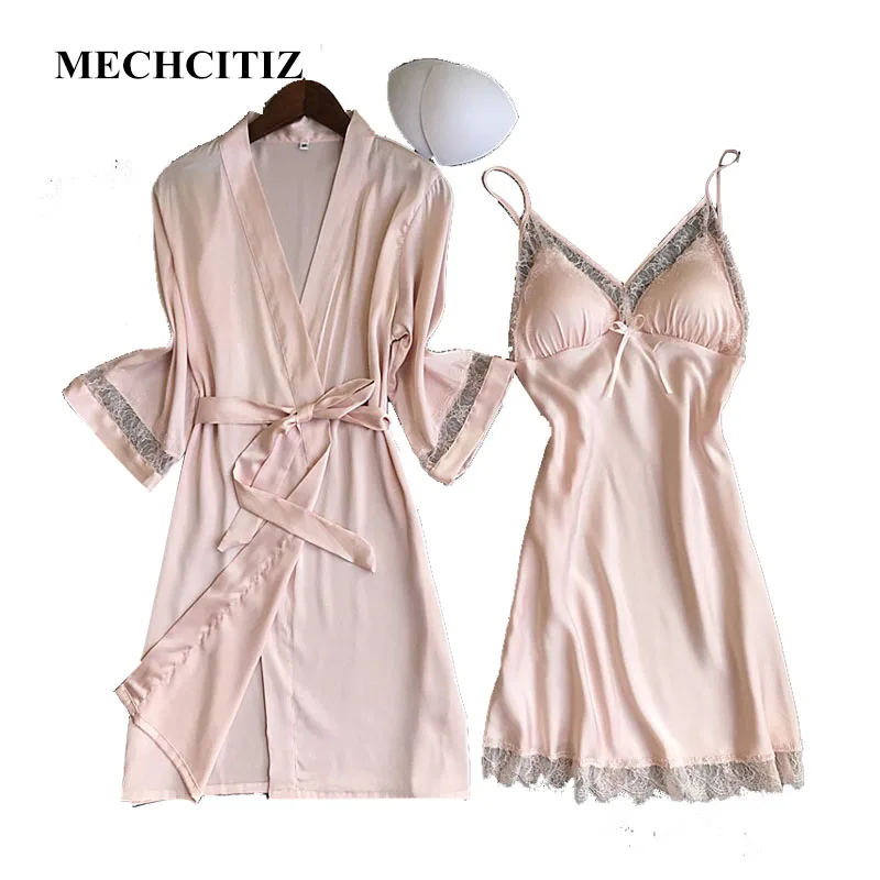 

MECHCITIZ 2018 Hot Selling Women's Robe and Gown Set 2 Pieces Sleepwear Suit With Bathrobe Night Dress Summer Home Clothes