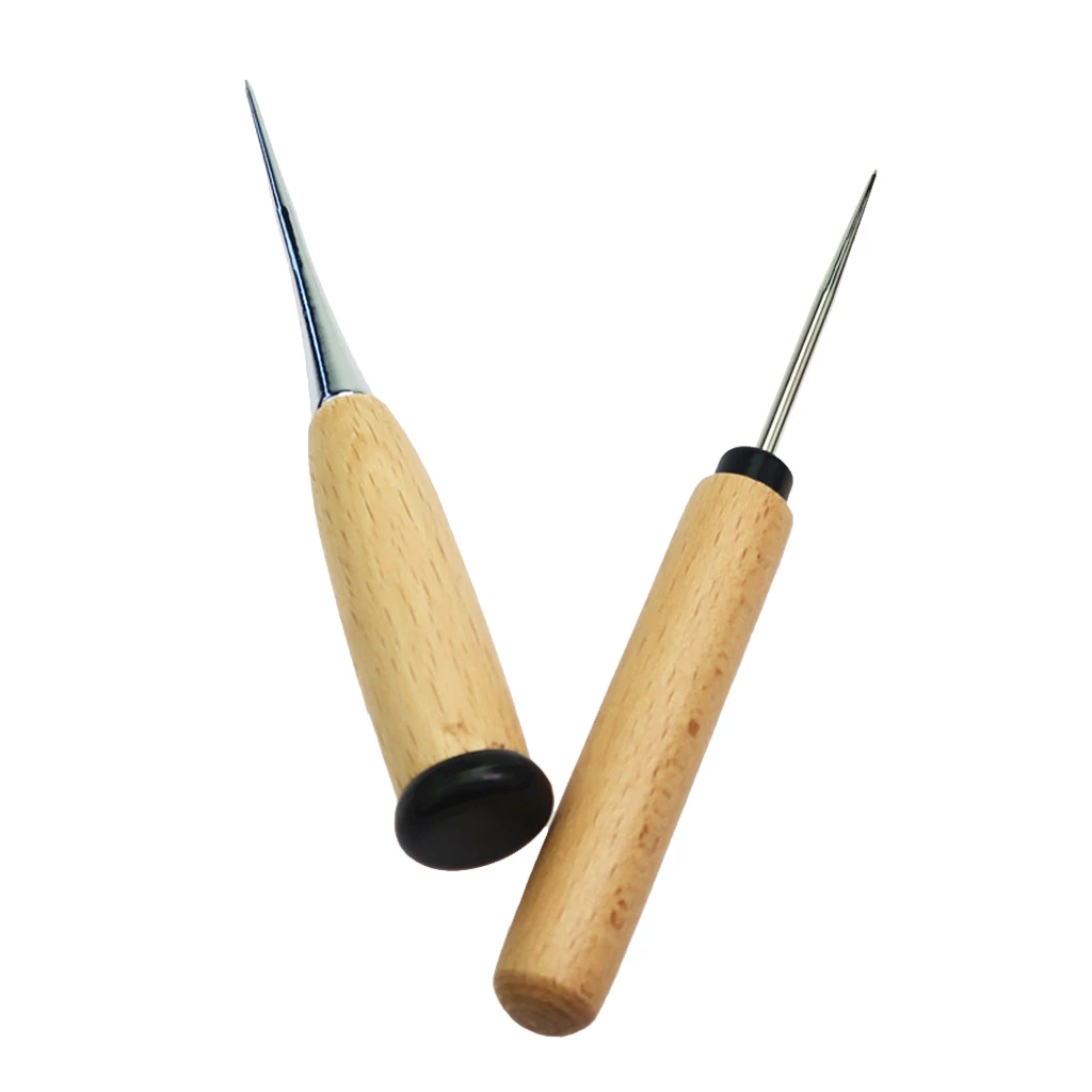 fityle 2Pcs Wooden Handle Leather Craft Awl Sewing Punching Hole Pin Stitching Tool