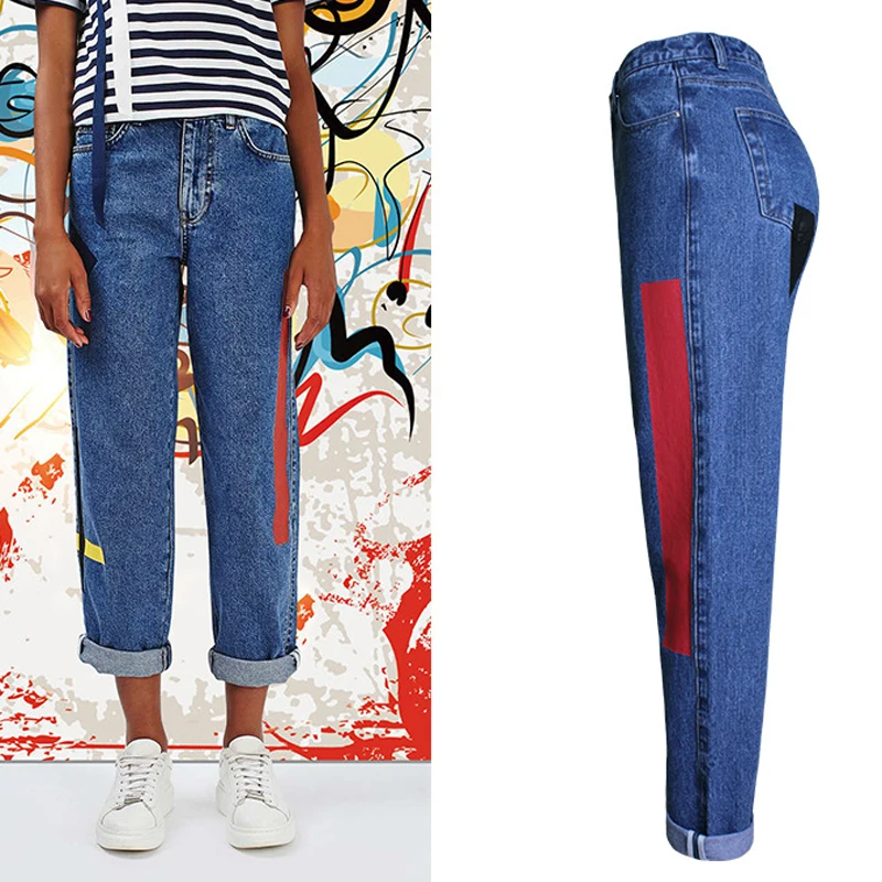 Hot Fashion Loose Straight Pattern Design Women Jeans Free Shipping Brand Color Print Jeans For Women European And US Style S742 Jeans