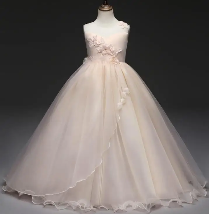 

Evening Gown Dress Wedding Child 7 to16 Year Kids Flower Girl Lace Beige Whites Gowns Purple Grey Lace Girls Tulle Dresses Long