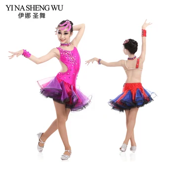 

New Latin Dance Children Kid Popular Rhinestone Open Back Sexy Dress Girls Elegant Samba Tango Latin Stage Performance Dress