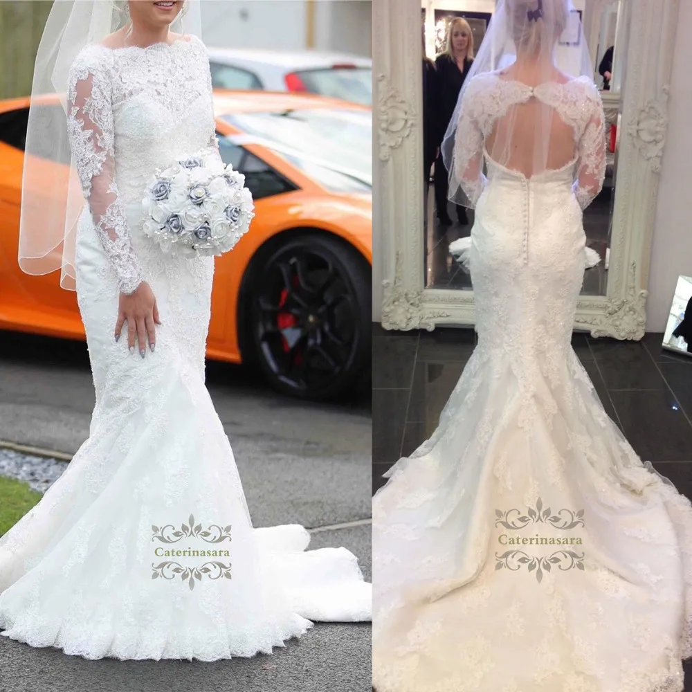 Brilliant 2019 Русалка свадебное платье Fit and Flare для женщин девушка невесты Вечерние ce одежда с длинным рукавом лодка средства ухода за кожей Шеи