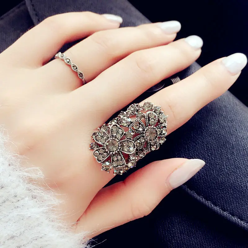 

Vintage Exaggerated Ring Gray Crystals Wide Ring White Gold Color Double Big Flower Ring Women Statement Jewelry