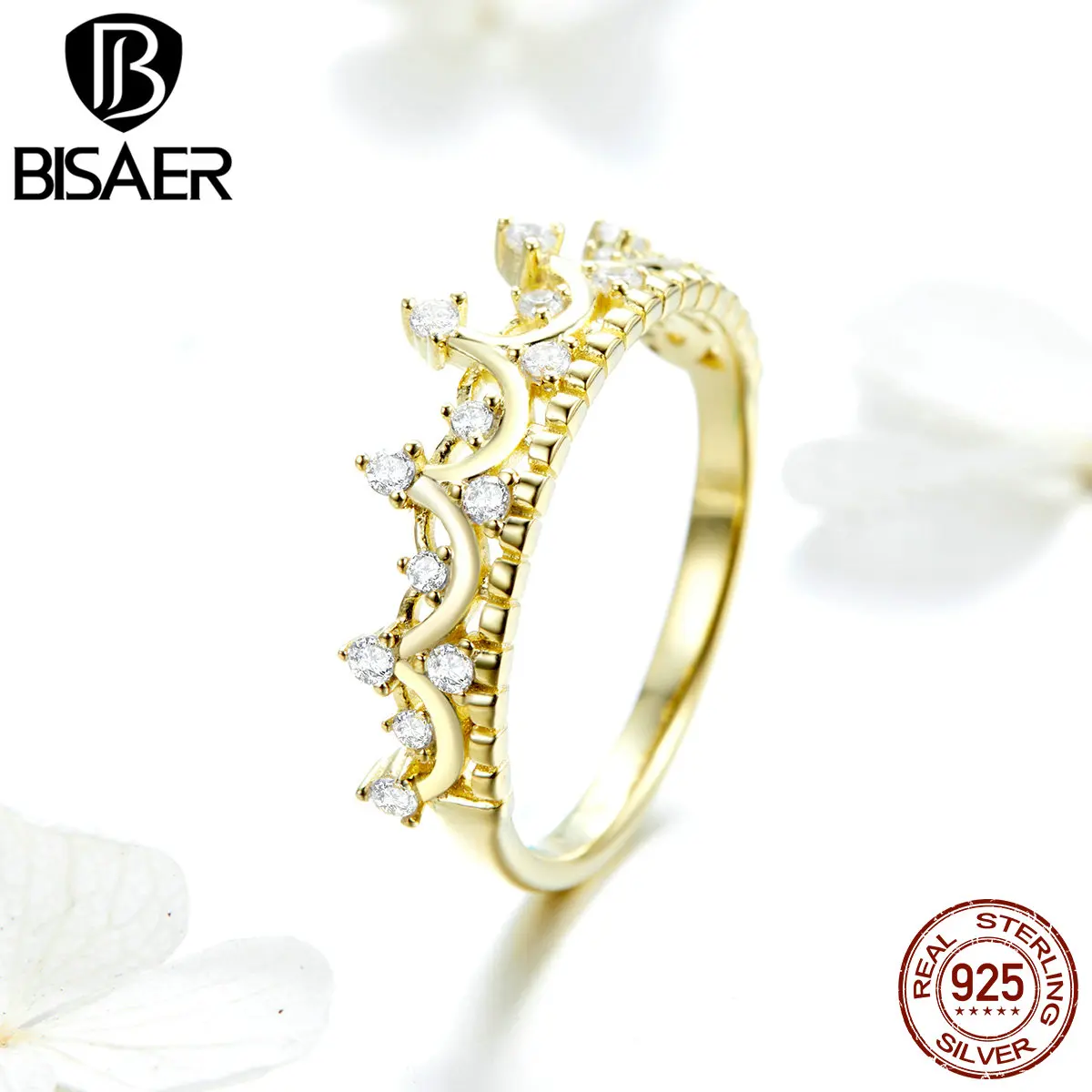 BISAER 925 пробы Серебряная бесценная Корона золотого цвета Королевская корона кольца на палец для женщин ювелирные изделия из стерлингового серебра ECR493