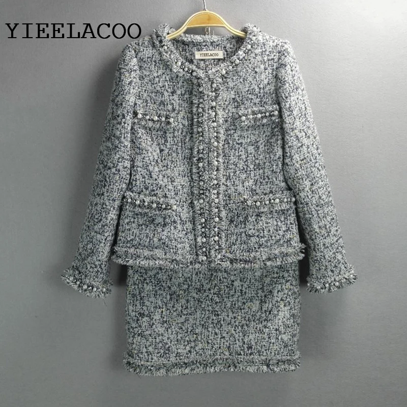 

gray tweed jacket + skirt suits hand-beaded Spring /Fall / Winter new ladies coats 2-piece skirt suit Women's Jackets