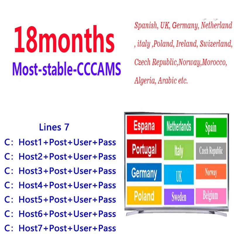 

2019 stable Cccams 7lines server 1.5 Year for Europe ccam Spain Portugal Poland Italy HD satellite TV receiver
