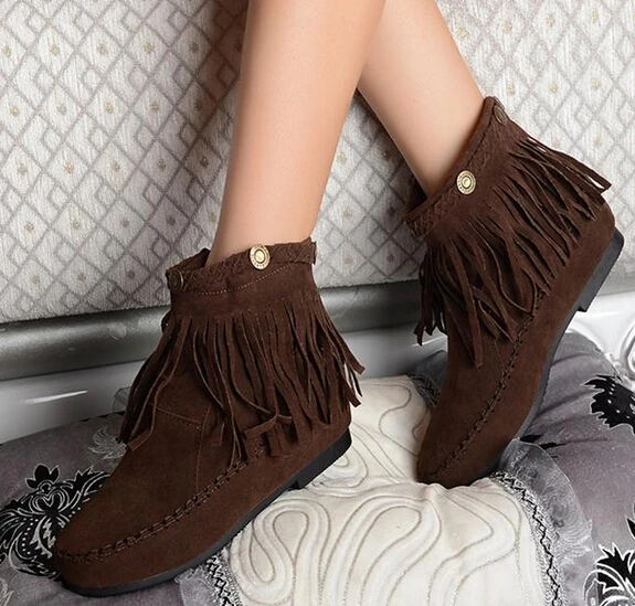 

Women Winter Flats Wedges Elevator Tassel Faux Suede Ankle Boots Lady Big Plus Size Fringe Short Boots Plus Size 34-43 SXQ0528