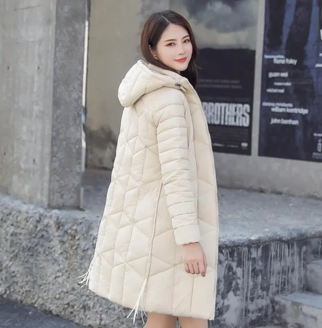 Quilted Coat Long Parka Female Thick Cotton Slim Winter Jacket Women Clothes Hooded Warm Outwear Plus Size Korean Oke042 - Color: Beige