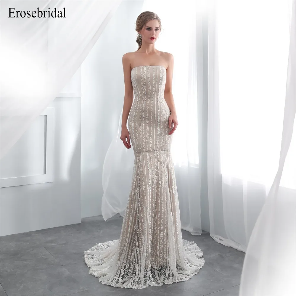 

Real Image Lace Mermaid Evening Dress Long 2019 Erosebridal Evening Gowns Elegant Strapless Lace Up Back Vestido De Festa DH-70