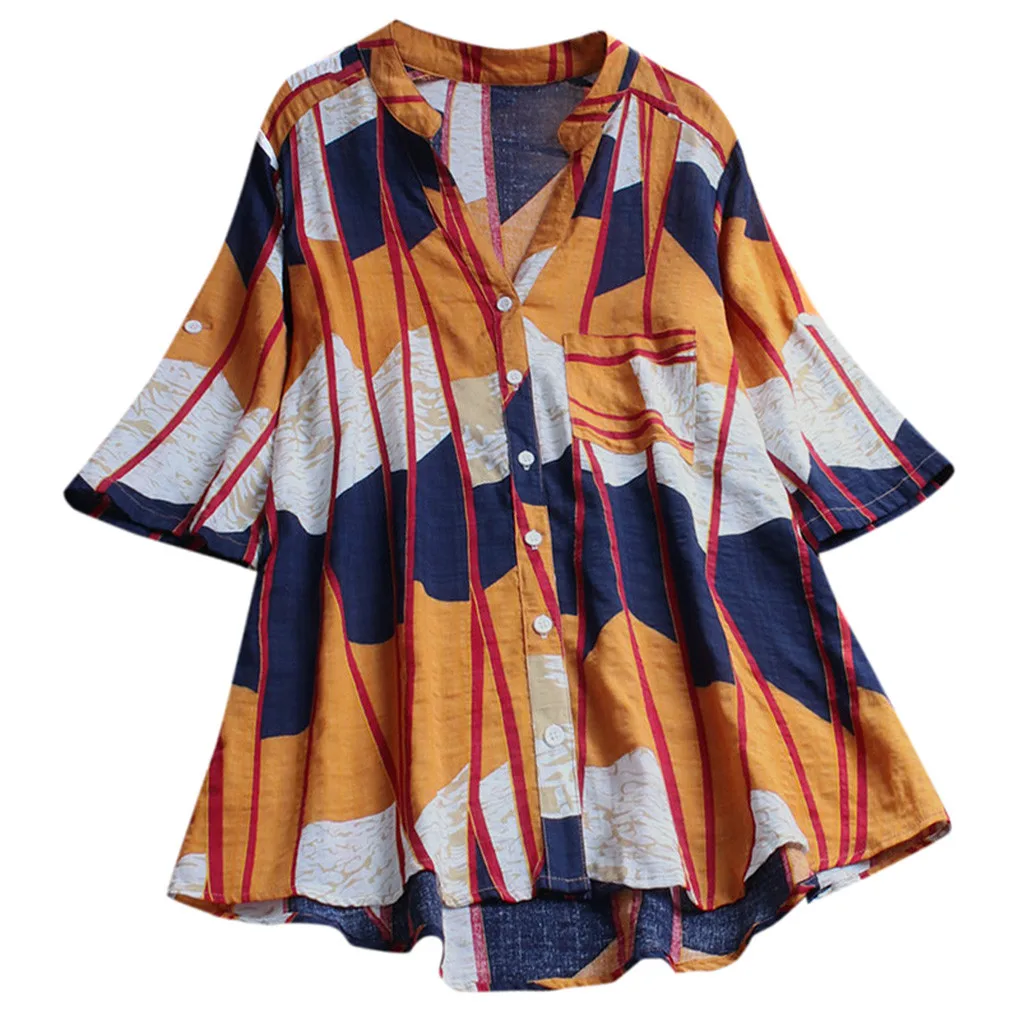

Cotton linen blouse Women striped print loose summer plus size button long sleeve shirt stitching Ladies tops casual lapel shirt