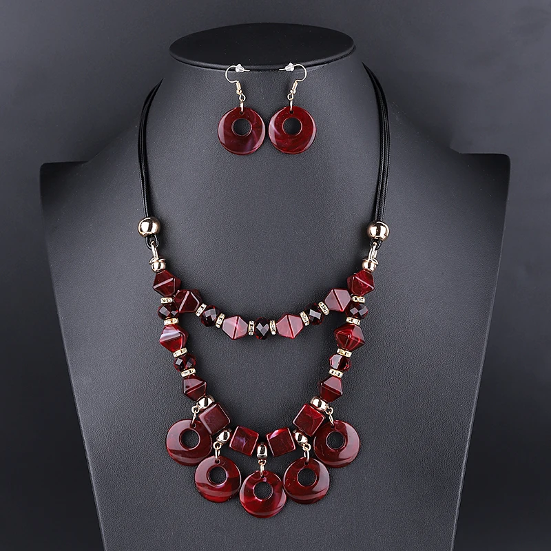 

Fashion Acrylic Resin Jewelry Sets For Women Geometric Leather Rope square Pendants Necklaces Statement Round Drop Earrings