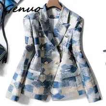 Genuo 2019 Brand New Unique Designing Runway Women Notched Double Breasted Plaid Graffiti Printing Autumn Casual Blazer Jacket