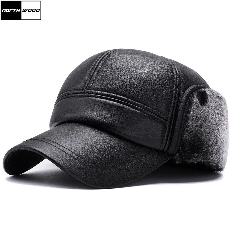 

[NORTHWOOD] Winter Mens Leather Baseball Caps with Earmuffs Earflaps Warm Dad Hats For Men Male Bone Gorras Casquette Snapbacks