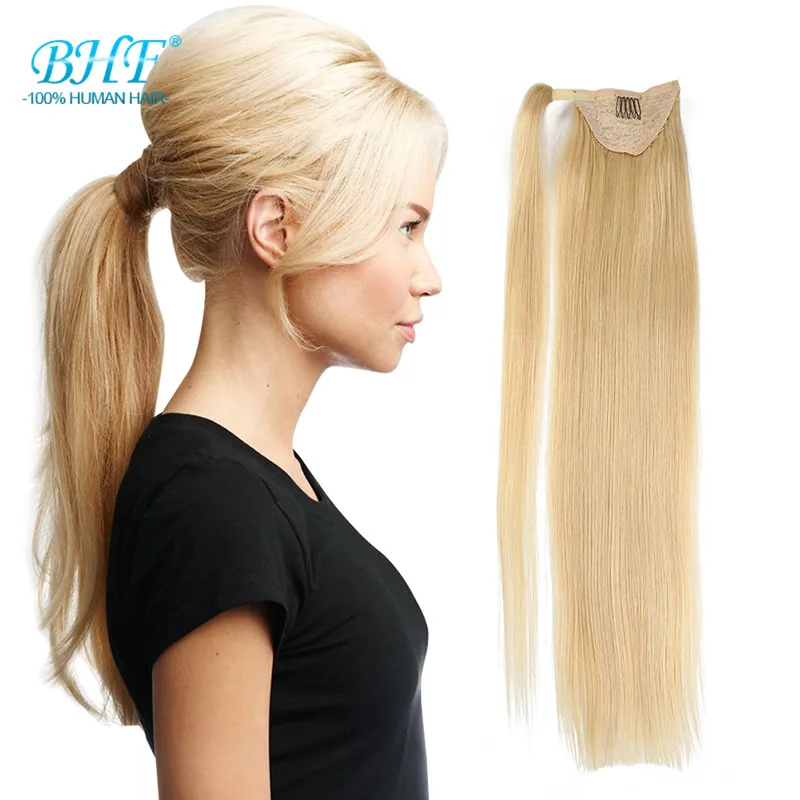 Real Hair Blond Ponytail Human Hair Ponytail Wrap Around Clip Extension Blonde Straight Hair Pony Tail Human Hair