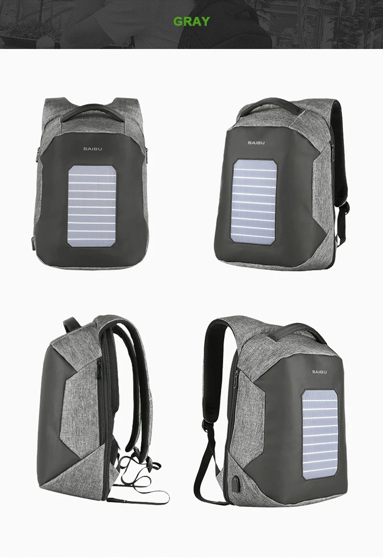 Мужской рюкзак-антивор от BAIBU для ноутбука 15,6 дюймов с подзарядкой от USB и питанием от солнечной батареи, мужской рюкзак, рюкзак для ноутбука, водонепроницаемые сумки