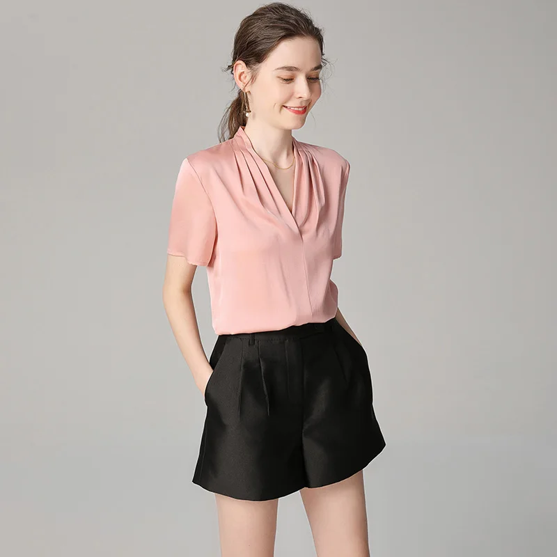 

100% High Quality Silk Blouse Formal Shirt Solid Deep V-Neck Half Sleeves Office Tops Elegant Style New Fashion 2019