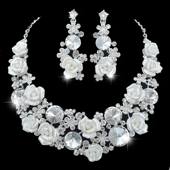 

Bridal necklace earrings set Austrian crystal Porcelain material wedding Evening silver jewelry sets for Party dress accessories