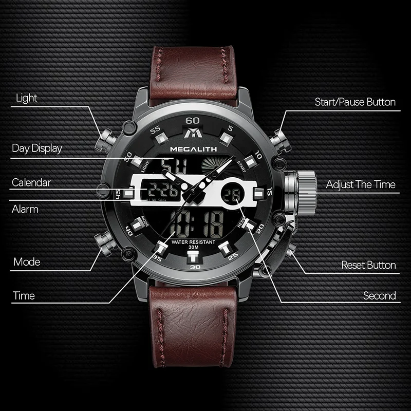 MEGALITH модные для мужчин светодиодный Спорт Кварцевые часы для мужчин multi водостойкий Дата светящаяся наручные часы Horloges Mannen
