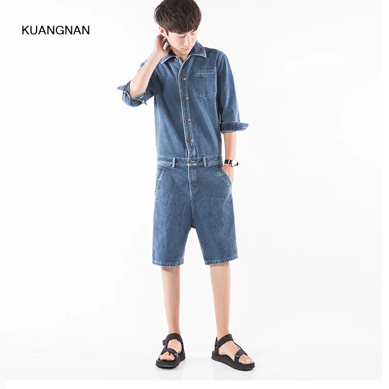 Men Denim Jumpsuit Street Fashion Casual A Piece Short Sleeve Short