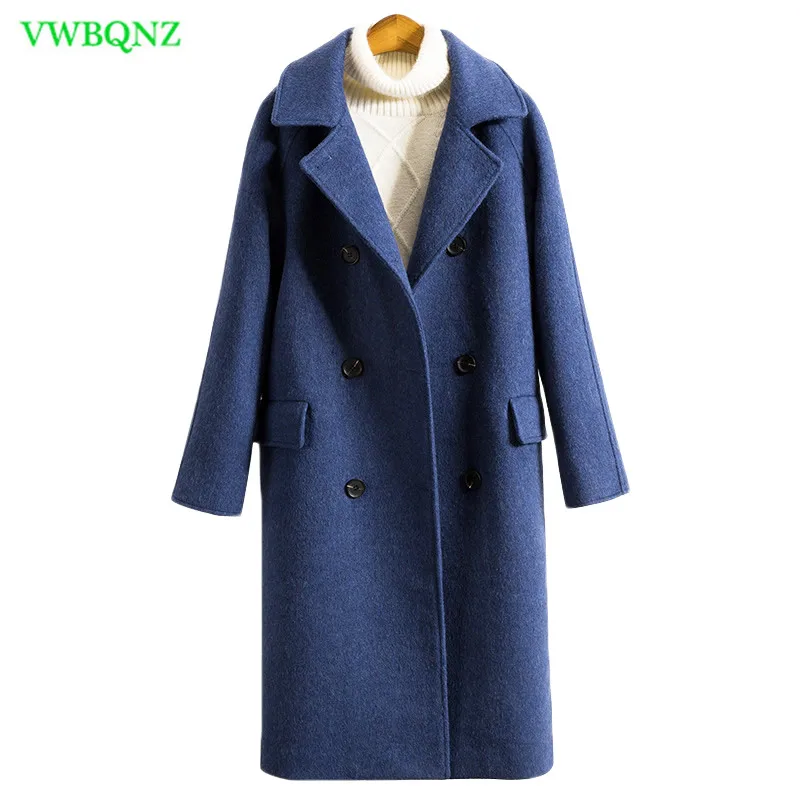 

Women Double-faced cashmere coat Autumn Winter Long Wool Coats Fashion Overcoat Ladies Wide-Waisted Blue haze Woolen Coats A939