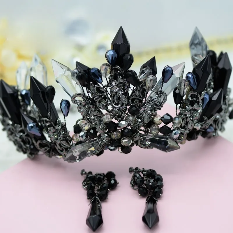 HIMSTORY роскошная черная свадебная корона для волос ручной работы с кристаллами
