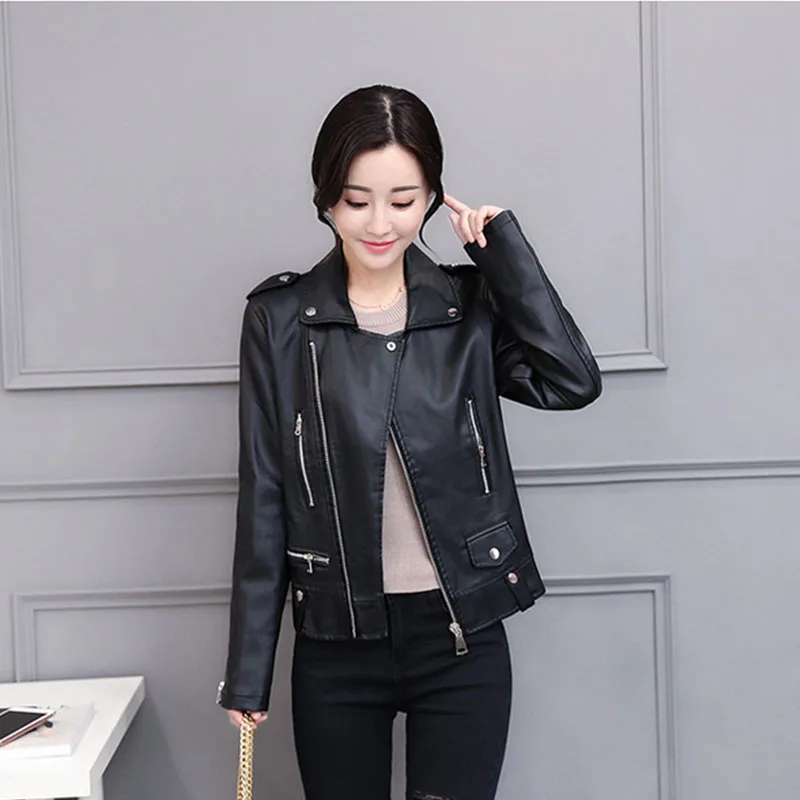 17zq جديد أزياء سترة جلدية السيدات البريدي الأسود سليم بو الجلود سترة طية صدر السترة السيدات قاطرة سترة جلدية كبيرة الحجم J8216