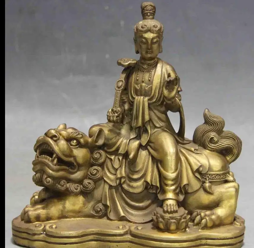 

671115898*++Chinese Brass Copper Samantabhadra Bodhisattva Kwan Yin Sit Foo Dog lion Statue