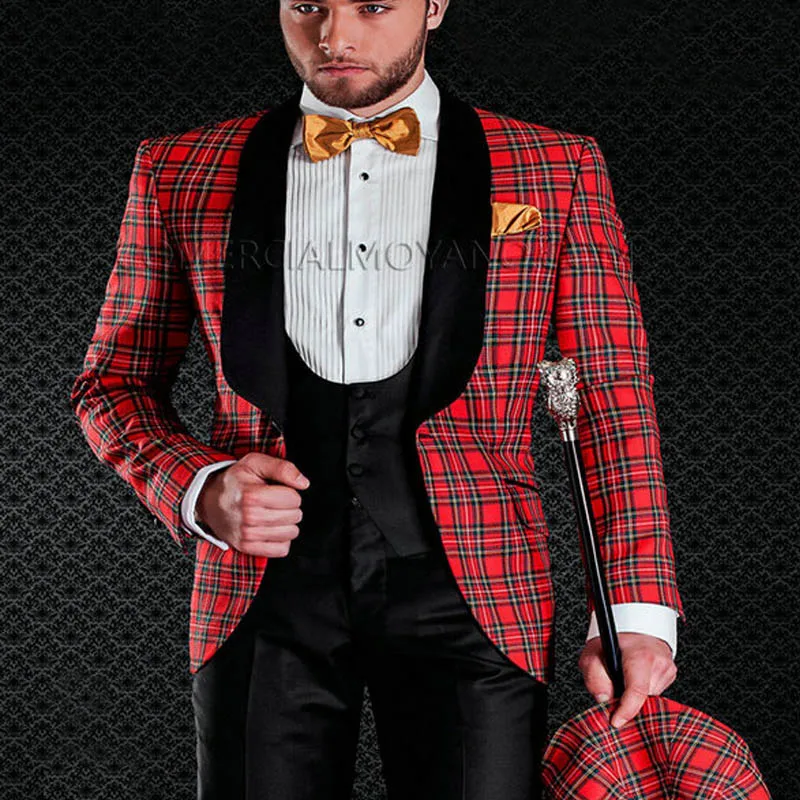 

Scottish Plaid Groom Tuxedos for Wedding Prom Mens Suit Black Shawl Lapel Tailored Made 3 Piece Set Jacket with Black Pants Vest