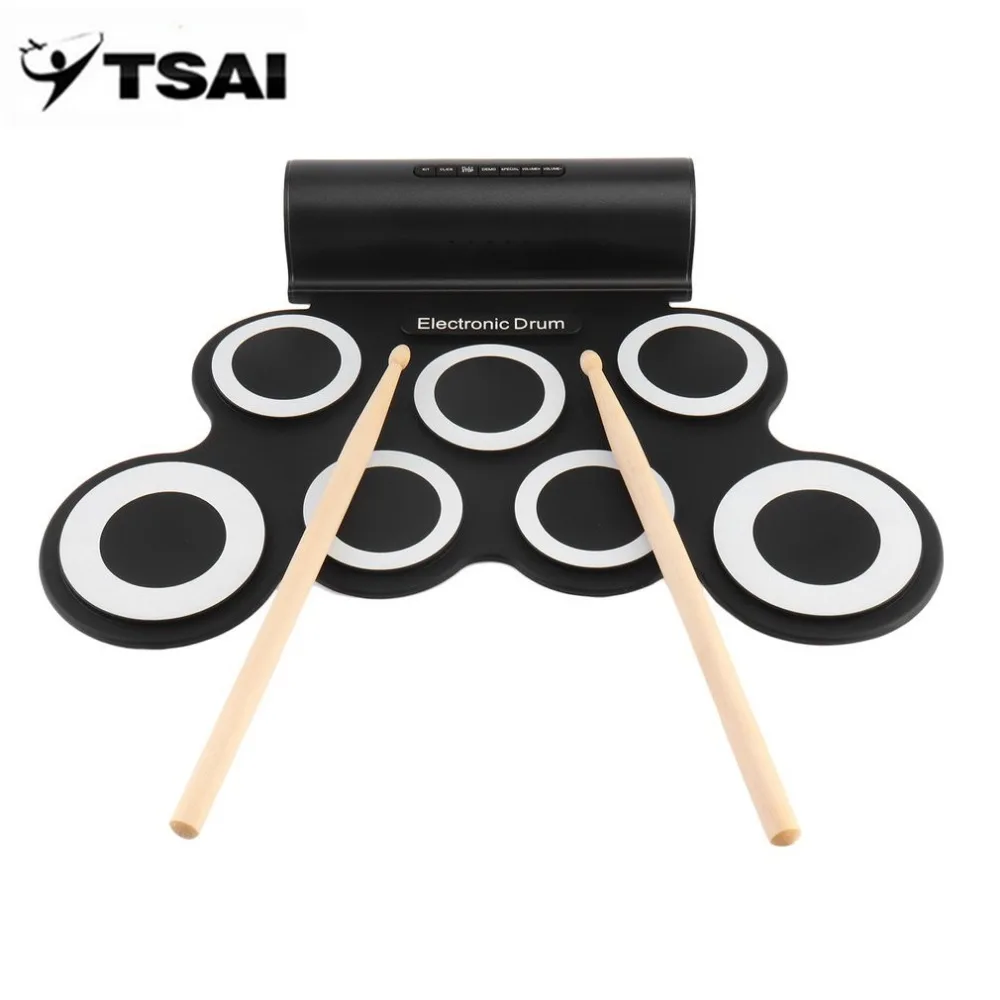 

TSAI Electronic Roll Drum Pad Built-In Speakers Digital Drum 9 Silicon Pad With Foot Pedals USB Charging Musical Instrument