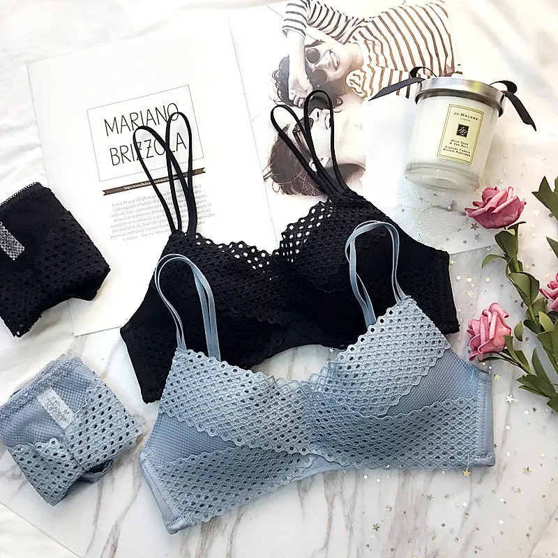 

Fashion Women Underwear Sexy Hollow Striped Lace Seamless Push Up Bra Set Comfortable Three Hook-and-eye High Quality Lingerie