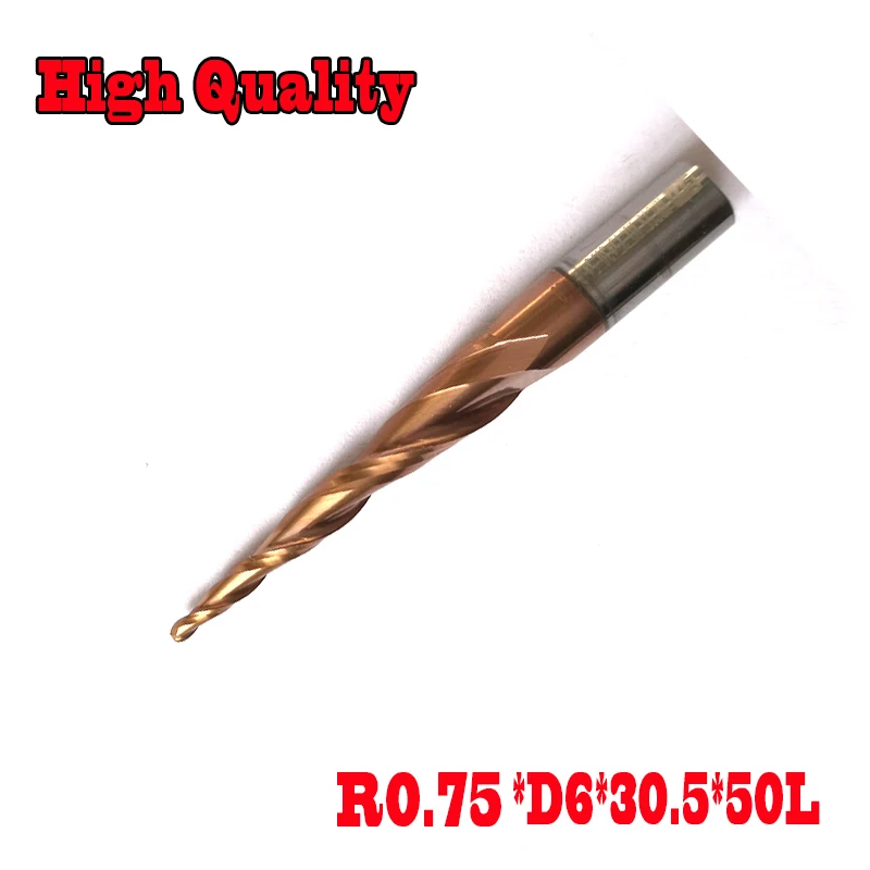

1pc R0.75*D6*30.5*50L*2F HRC55 Tungsten solid carbide Coated Tapered Ball Nose End Mill taper and cone endmills