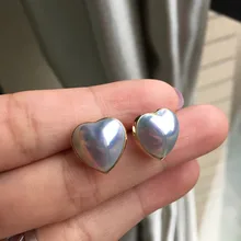 Women Gift word 925 Sterling silver real Long-lasting natural Japanese sea water pearl stud earrings heart-shaped 12.8-13.5