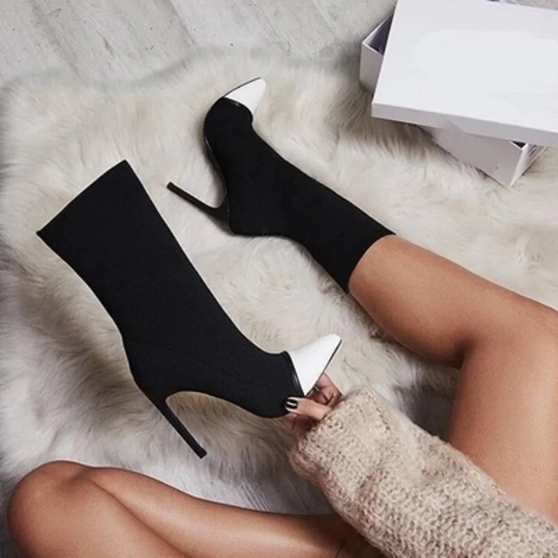 

2018 new European and American pointed stretch fabric color matching fashion high heel women's boots