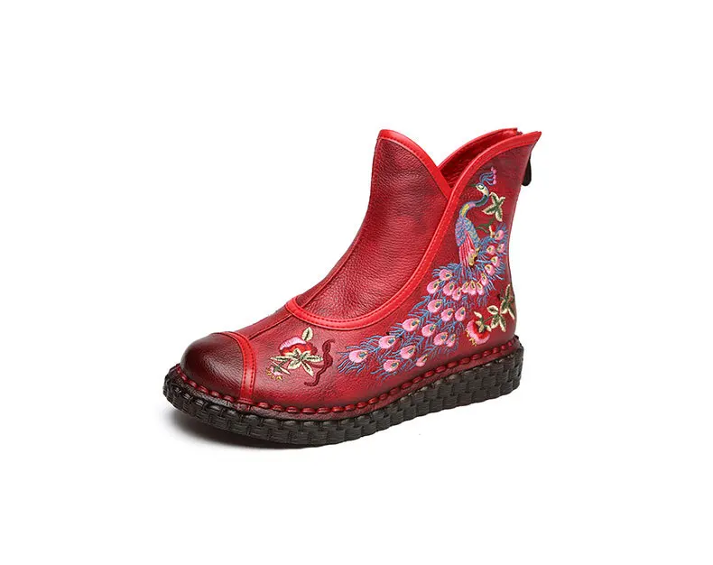OUKAHUI/высококачественные винтажные ботильоны для женщин с вышивкой; зимние теплые модные женские ботинки из натуральной кожи ручной работы с тотемом