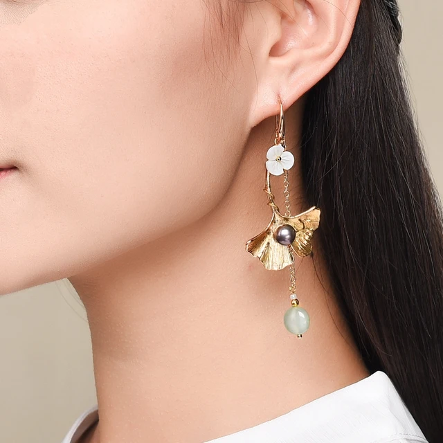 Pendientes únicos de hoja de Ginkgo Chapado en 14 k hermosas flores de concha elegante exquisita joyería étnica Pendientes únicos de hoja de Ginkgo Chapado en 14 k hermosas flores de concha elegante exquisita joyería étnica