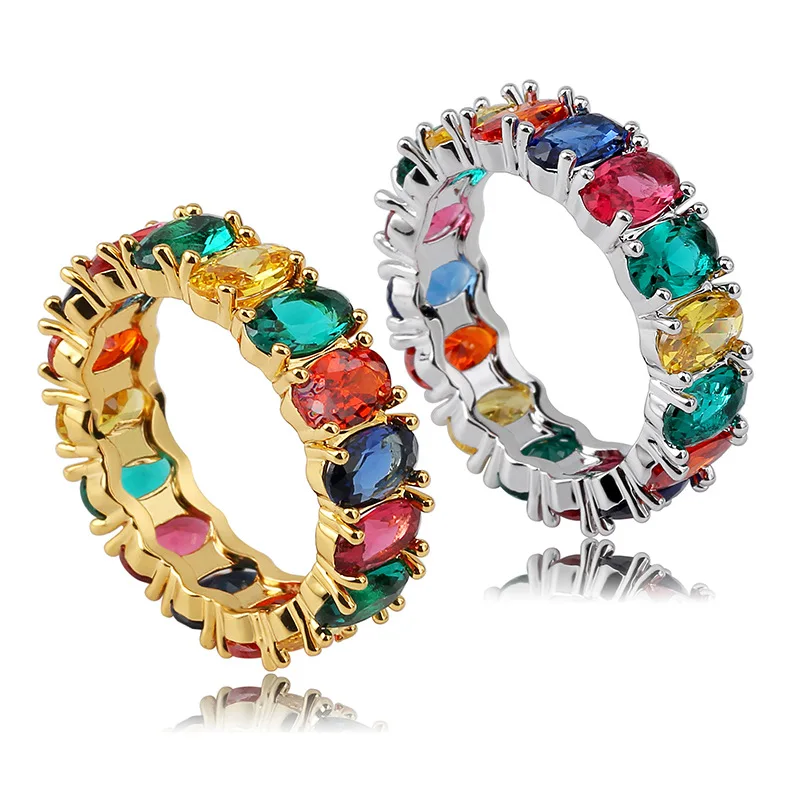 

Hip Hop Bling Iced Out Square Cubic Zirconia Ring Tennis Chain Rings Women Men 1 Rows CZ Zircon Ring Jewelry Gold Silver