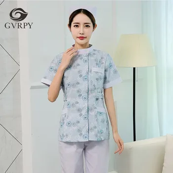

Round Neck Slim Nurse Uniform Suit Short-sleeved Printing Scrubs Medical Uniforms Women Beauty Salon Dental Clinic Overalls