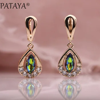

PATAYA New Trendy 585 Rose Gold AB Water Drop Natural Zircon Long Dangle Earrings Women Wedding Cute Earring Jewelry 12 Colors
