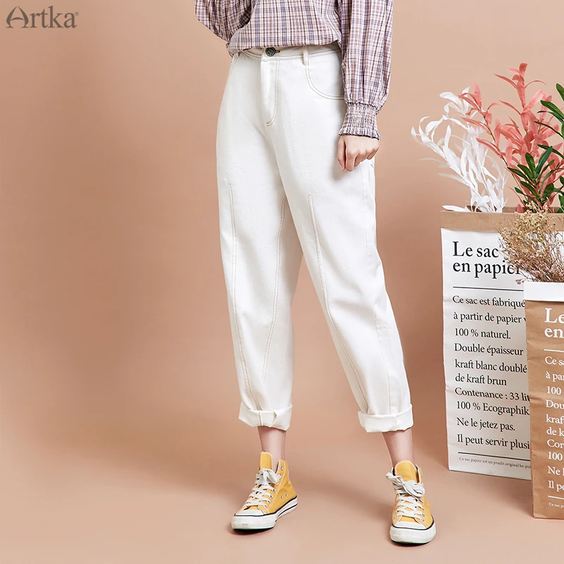 

ARTKA 2019 Autumn New Women Pants 100% Cotton Straight Harem Pants White Loose Casual Pants For Women KN15299Q