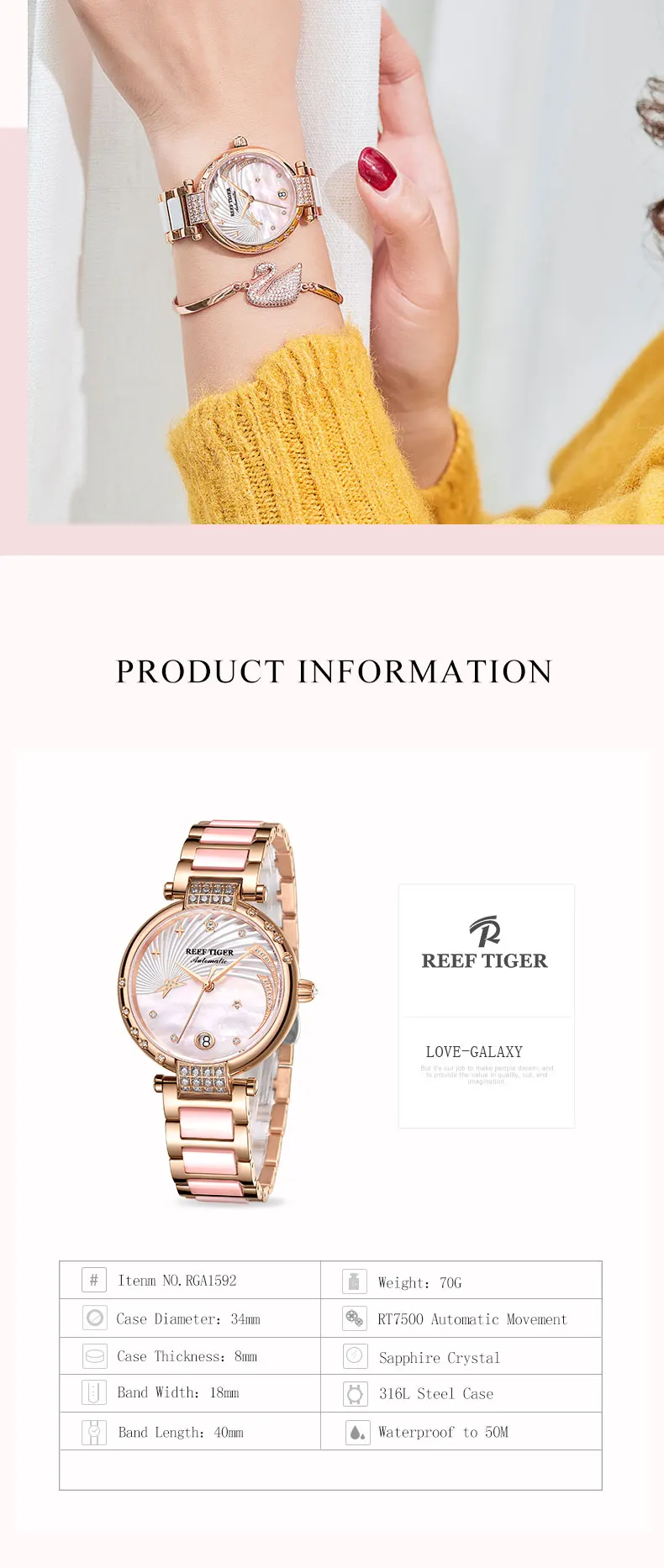 Риф Тигр/RT дизайн роскошные часы из нержавеющей стали белый циферблат автоматические часы женские с кристаллами браслет часы Galaxy RGA1592
